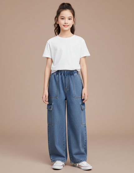 Pantalon Cargo Jean Ample Poches Latérales Enfant - Bleu