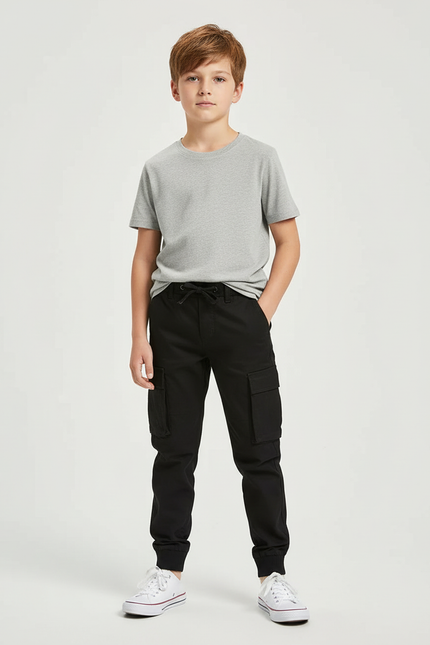 Pantalon Cargo Noir Coton Décontracté Multipoches Enfant