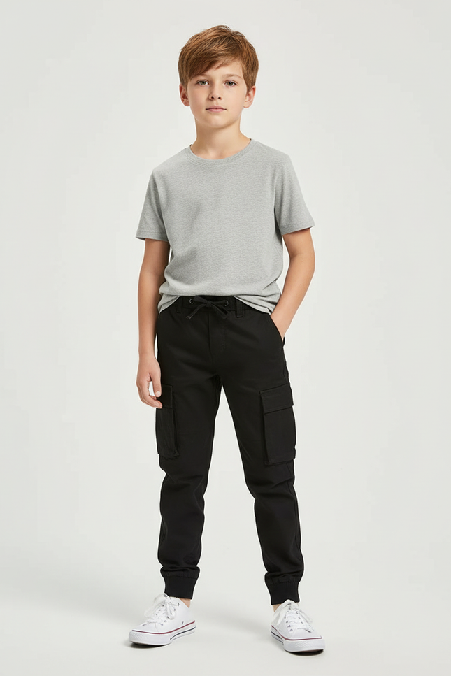 Pantalon Cargo Noir Coton Décontracté Multipoches Enfant