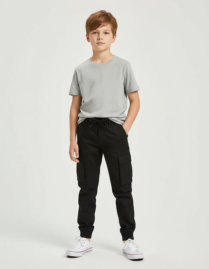 Pantalon Cargo Noir Coton Décontracté Multipoches Enfant
