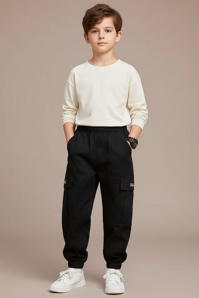 Pantalon Cargo Noir Coton Ample Poches Garçon