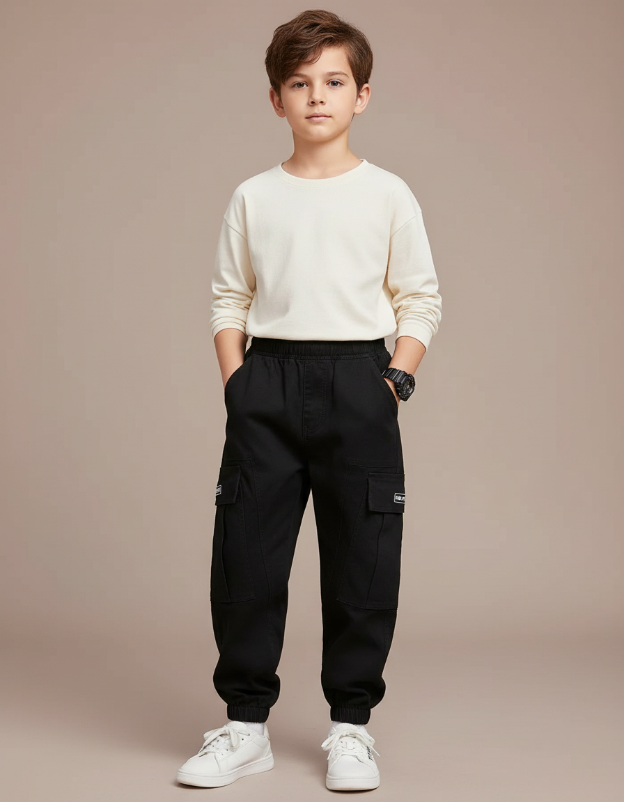 Pantalon Cargo Noir Coton Ample Poches Garçon