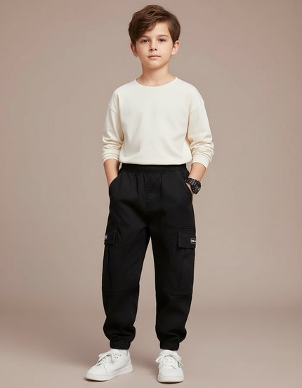 Pantalon Cargo Noir Coton Ample Poches Garçon