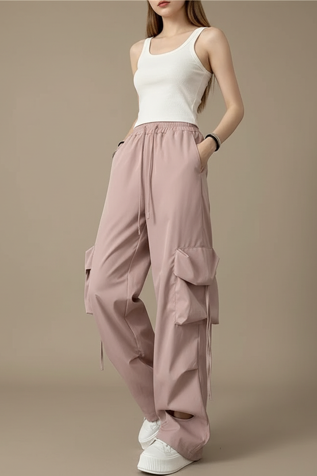 Pantalon Cargo Rose Ample Taille Haute Poches - Polyester