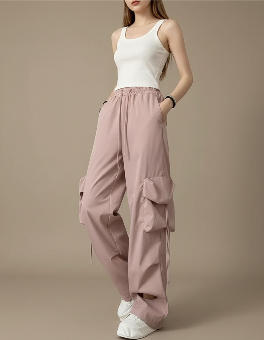 Pantalon Cargo Rose Ample Taille Haute Poches - Polyester