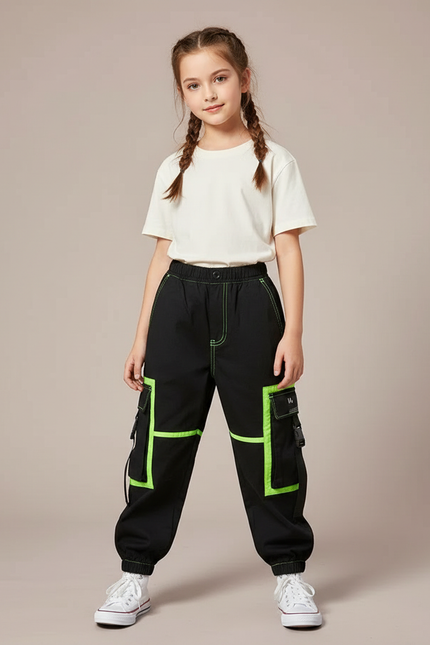 Pantalon Cargo Noir Fluorescent Multipoches Enfant Ample - Toile