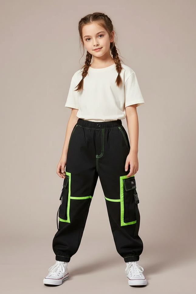 Pantalon Cargo Noir Fluorescent Multipoches Enfant Ample - Toile
