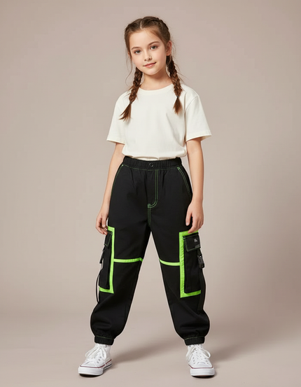 Pantalon Cargo Noir Fluorescent Multipoches Enfant Ample - Toile