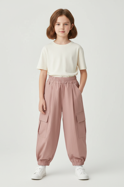 Pantalon Cargo Rose Ample Coton Léger Fille