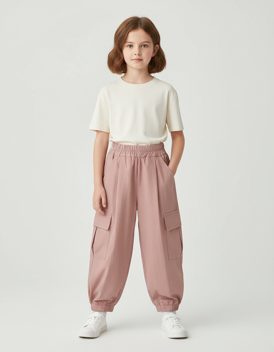 Pantalon Cargo Rose Ample Coton Léger Fille