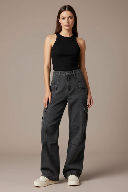 Pantalon Cargo Gris Femme Ample Multipoches Décontracté - Jean