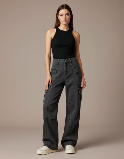 Pantalon Cargo Gris Femme Ample Multipoches Décontracté - Jean