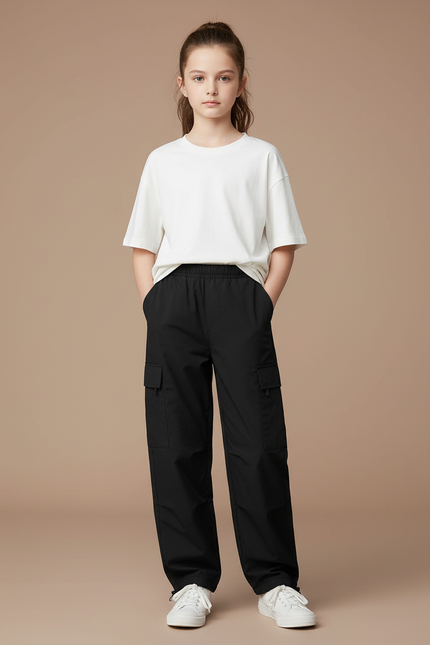Pantalon Cargo Fille Noir Parachute Ripstop Streetwear - Polyester