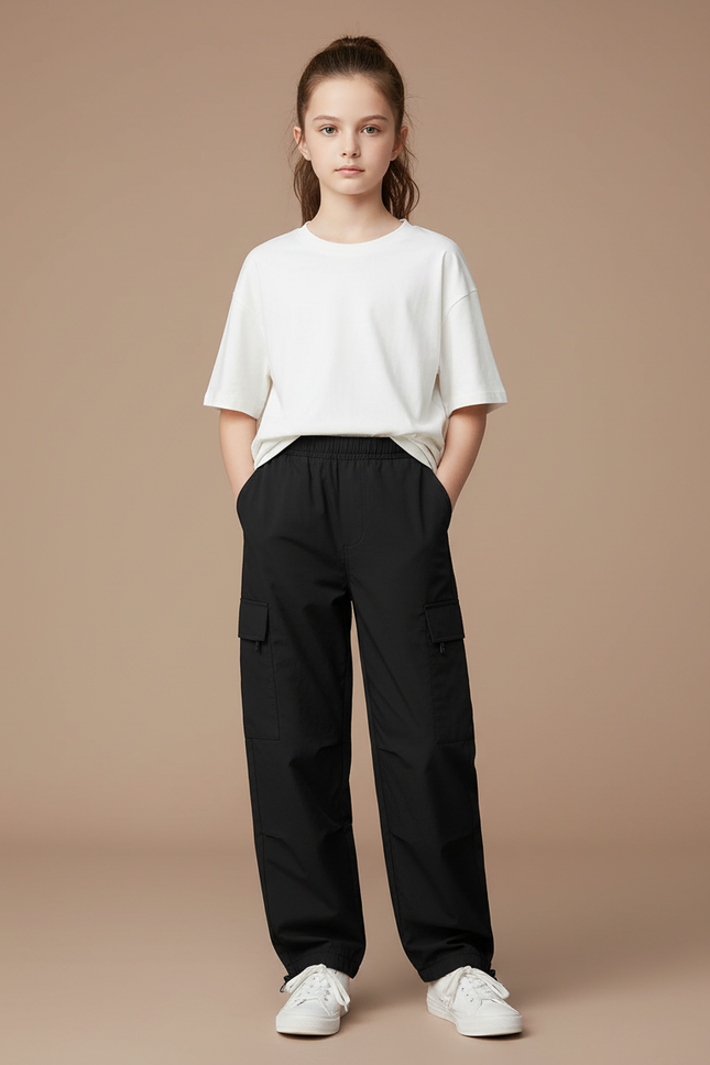 Pantalon Cargo Fille Noir Parachute Ripstop Streetwear - Polyester