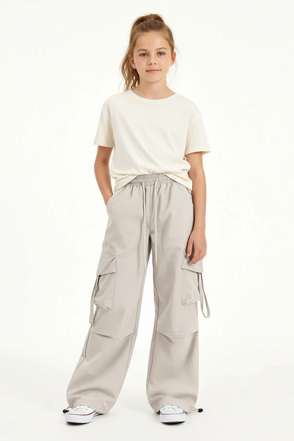 Pantalon Cargo Gris Clair Ample Décontracté Multipoches - Polyester