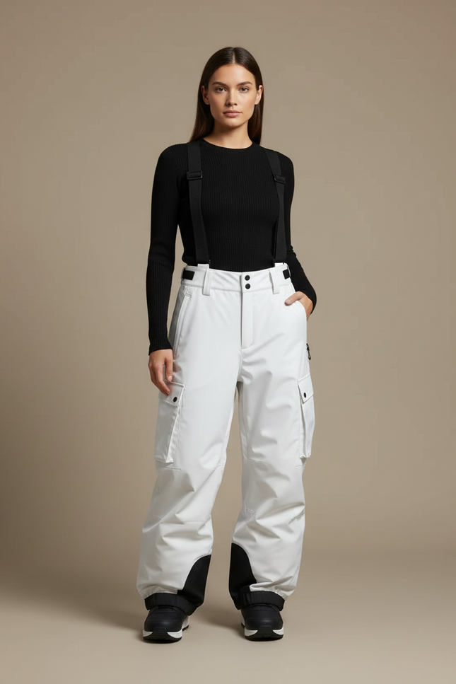 Pantalon Cargo Blanc Ample Bretelles Imperméable Hiver - Polyester