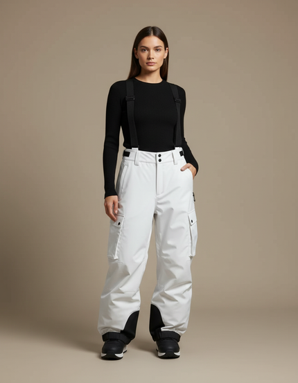 Pantalon Cargo Blanc Ample Bretelles Imperméable Hiver - Polyester
