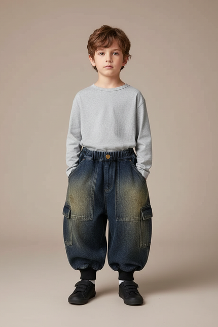Pantalon Cargo Denim Ample Délavé Multipoches Enfant - Bleu Jean