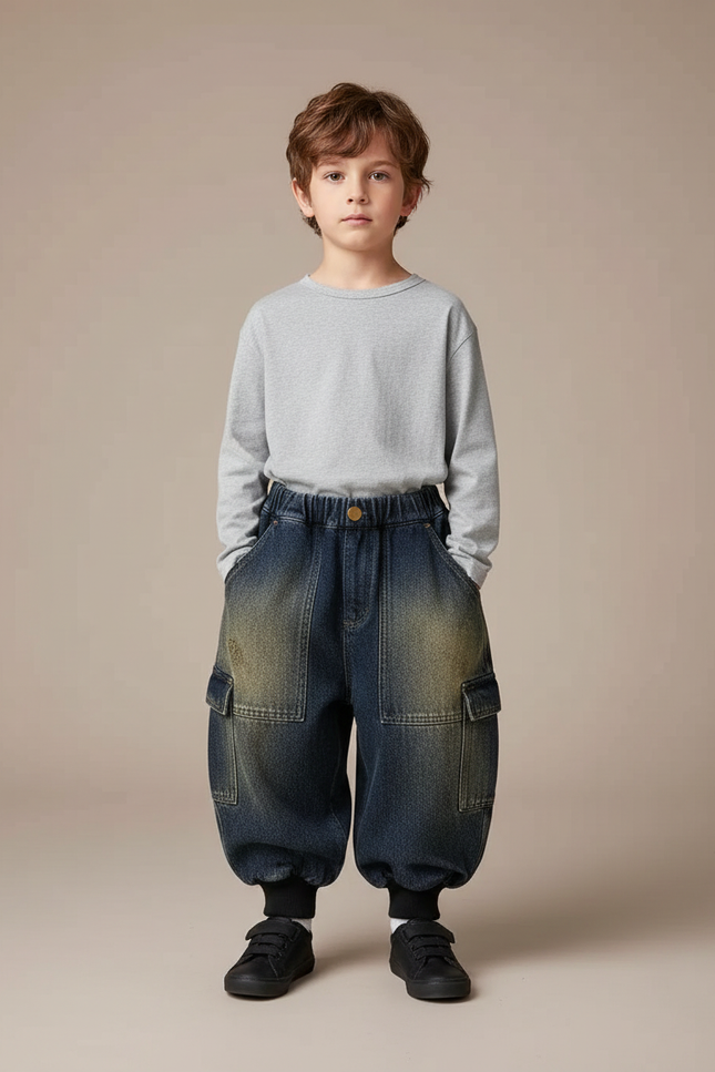 Pantalon Cargo Denim Ample Délavé Multipoches Enfant - Bleu Jean