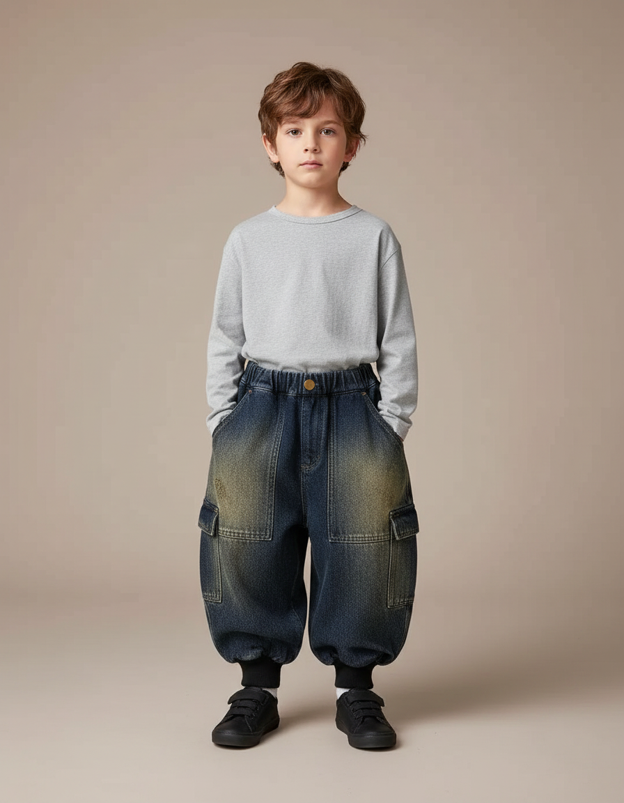 Pantalon Cargo Denim Ample Délavé Multipoches Enfant - Bleu Jean