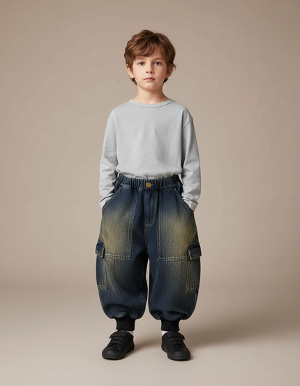Pantalon Cargo Denim Ample Délavé Multipoches Enfant - Bleu Jean