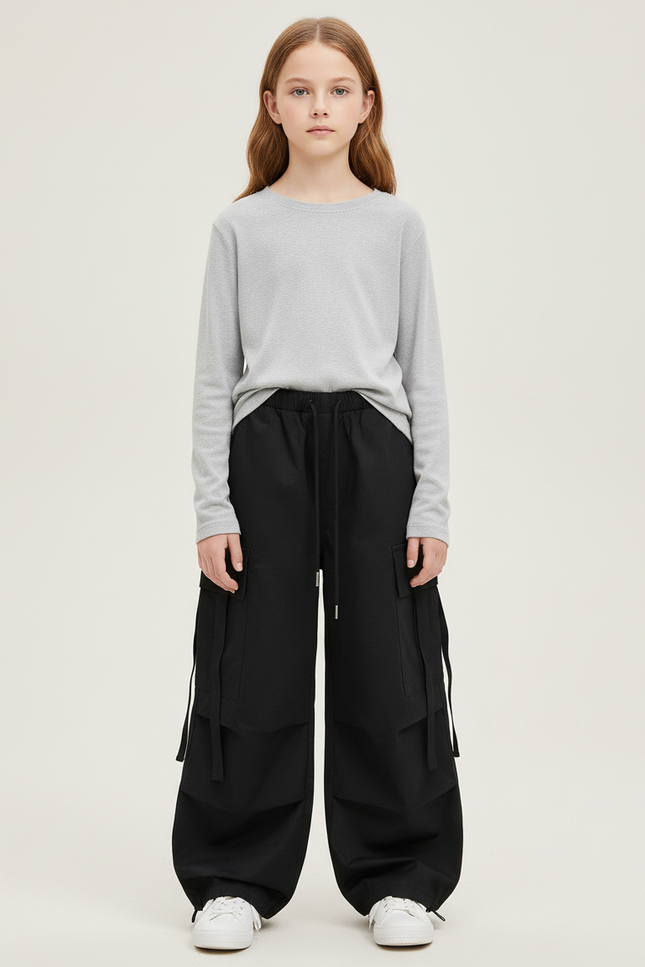 Pantalon Cargo Noir Ample Poches Cordon Fille - Toile