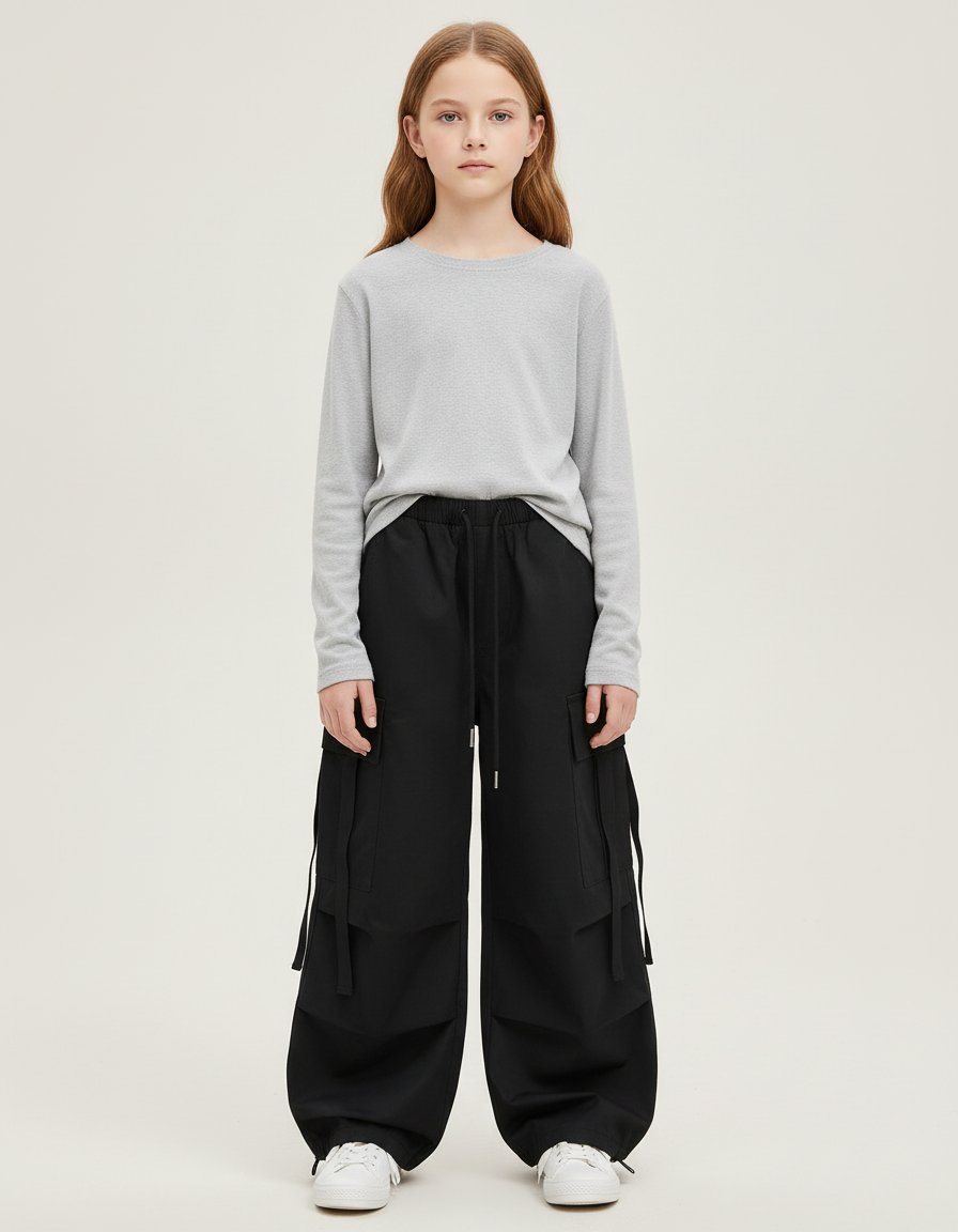 Pantalon Cargo Noir Ample Poches Cordon Fille - Toile