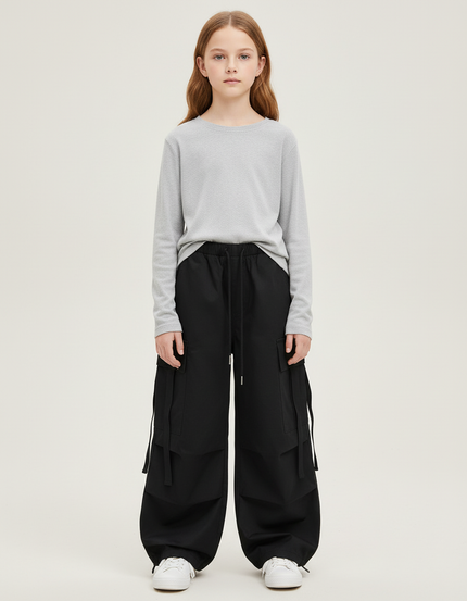 Pantalon Cargo Noir Ample Poches Cordon Fille - Toile
