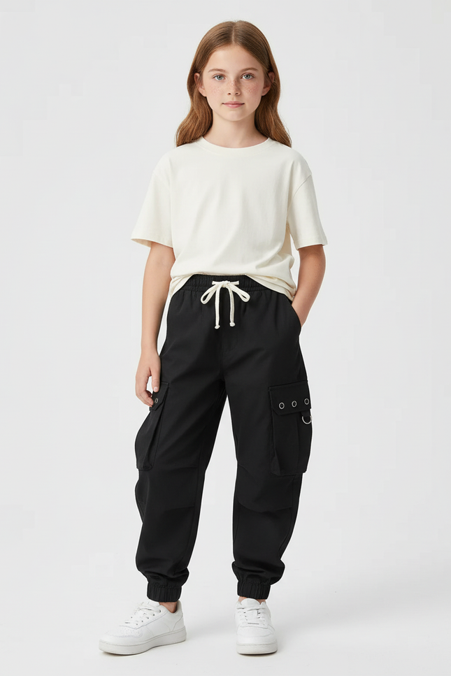 Pantalon Cargo Noir Fille Ample Multipoches Coton
