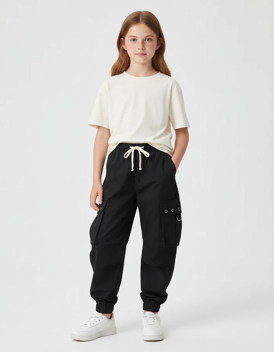 Pantalon Cargo Noir Fille Ample Multipoches Coton