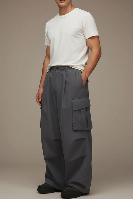 Pantalon Cargo Gris Ample Multipoches Décontracté Homme - Polyester