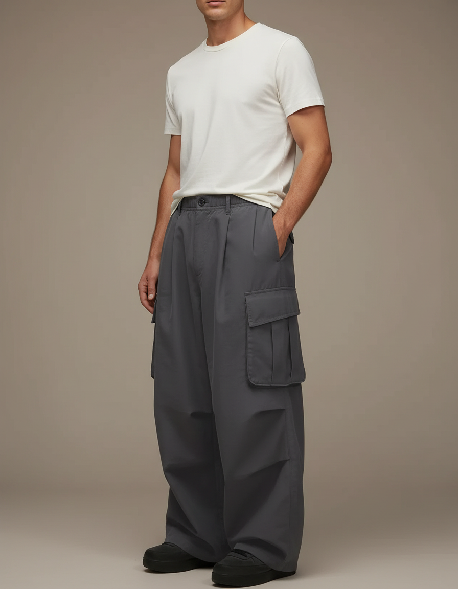 Pantalon Cargo Gris Ample Multipoches Décontracté Homme - Polyester