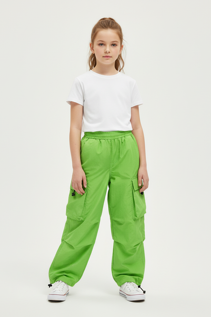 Pantalon Cargo Vert Vif Ample Poches Enfants - Polyester