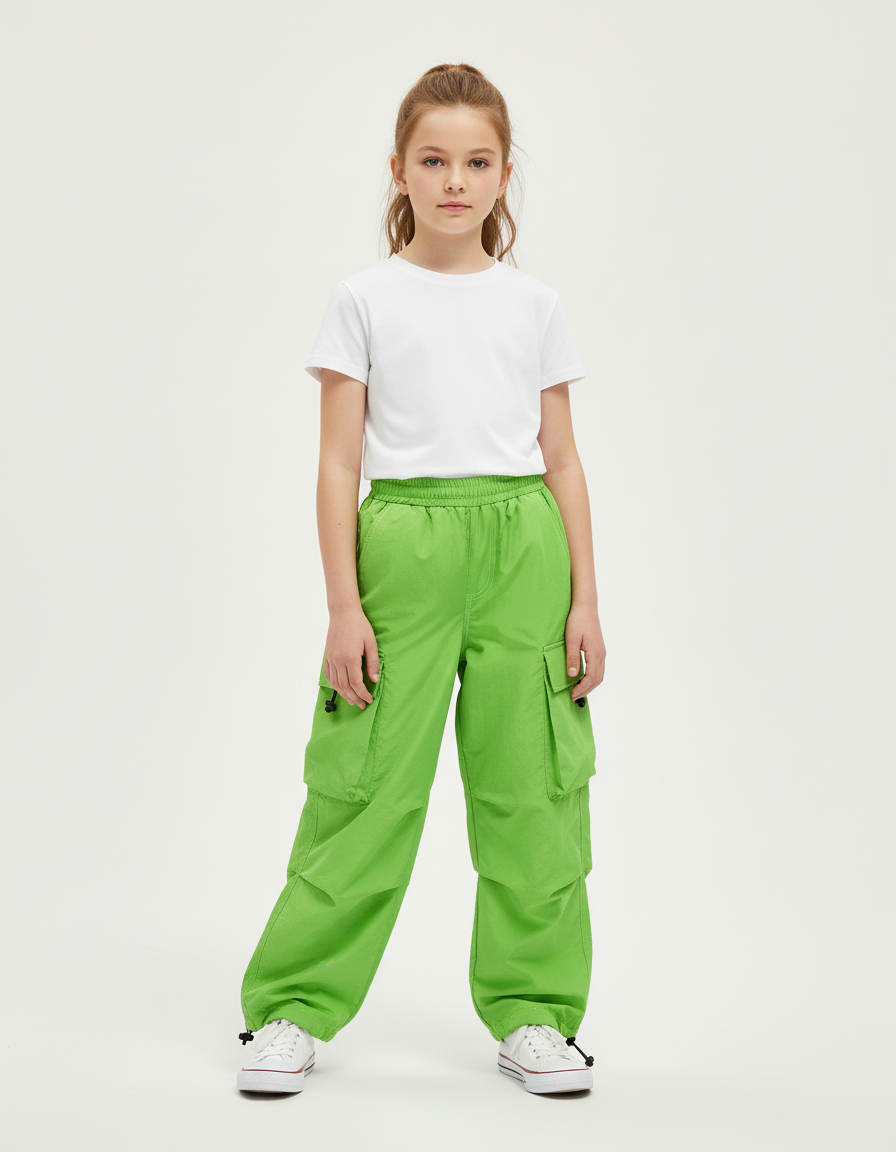 Pantalon Cargo Vert Vif Ample Poches Enfants - Polyester