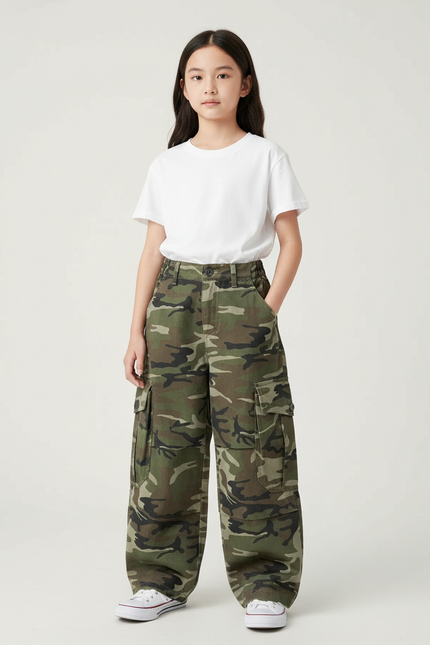 Pantalon Cargo Camouflage Ample Enfant Décontracté - Kaki Toile