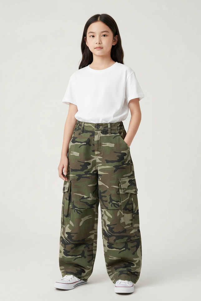 Pantalon Cargo Camouflage Ample Enfant Décontracté - Kaki Toile