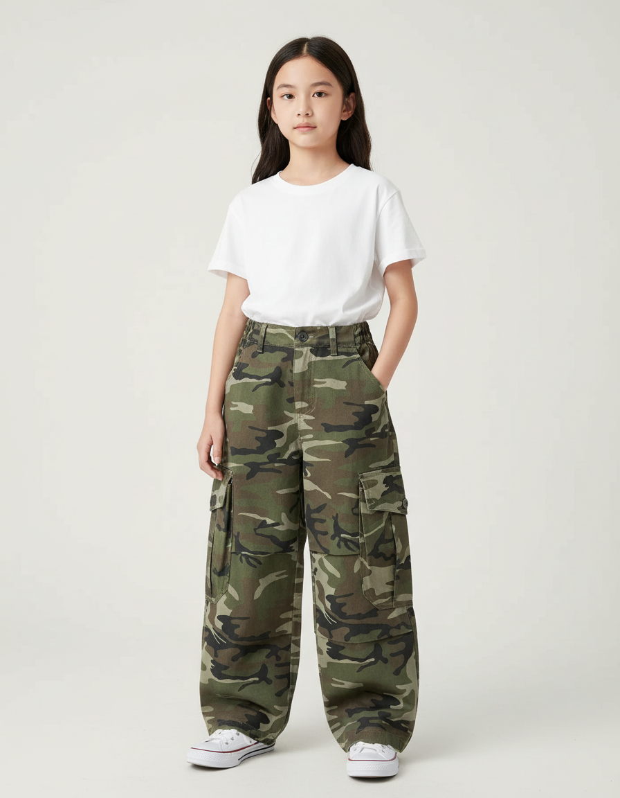Pantalon Cargo Camouflage Ample Enfant Décontracté - Kaki Toile
