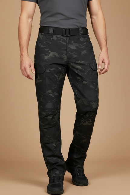 Pantalon Cargo Camouflage Noir Tactique Multipoches Homme - Polyester