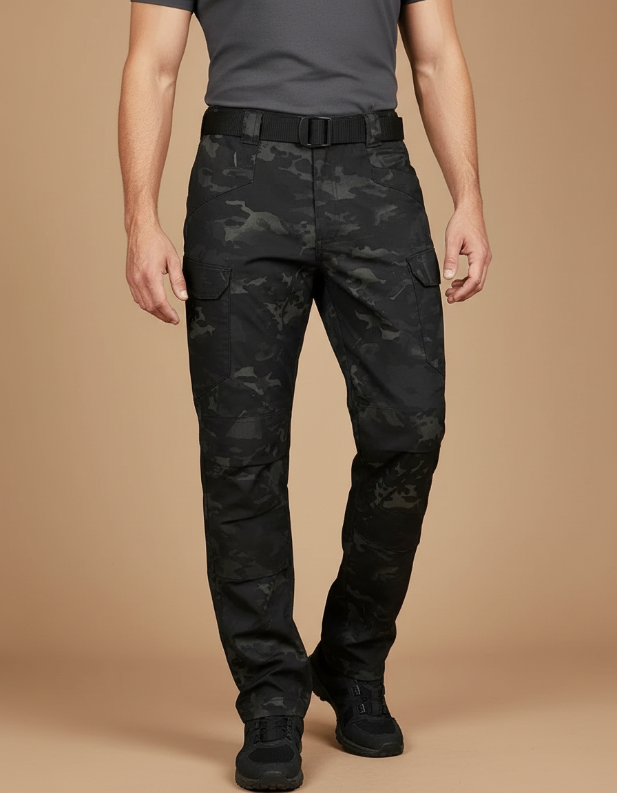 Pantalon Cargo Camouflage Noir Tactique Multipoches Homme - Polyester