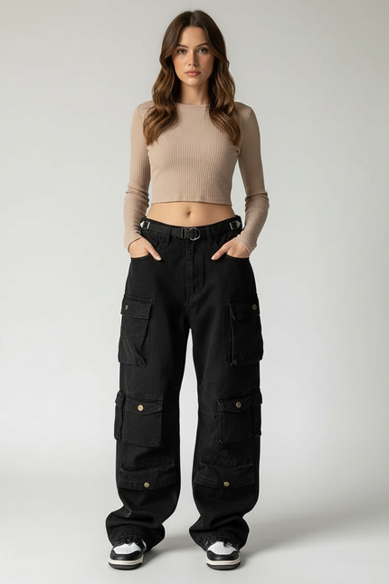 Pantalon Cargo Taille Basse - Noir Jean