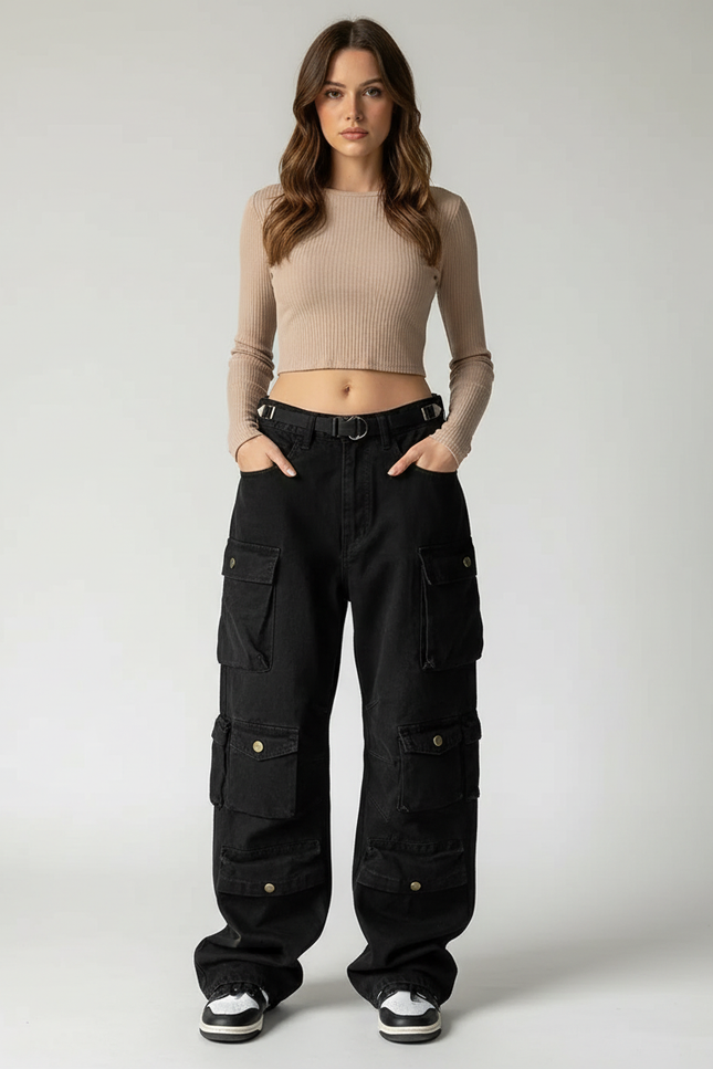 Pantalon Cargo Taille Basse - Noir Jean