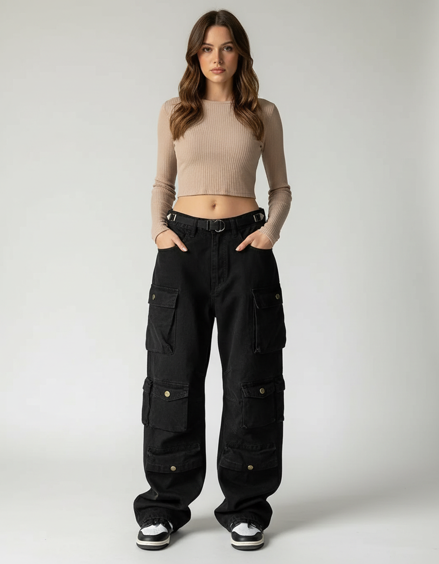 Pantalon Cargo Taille Basse - Noir Jean