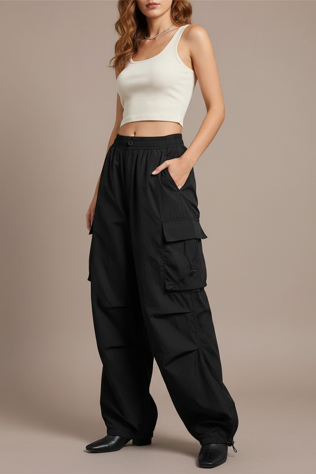 Pantalon Cargo Femme Resserré En Bas - Noir Polyester