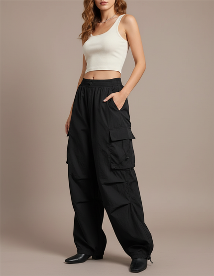 Pantalon Cargo Femme Resserré En Bas - Noir Polyester