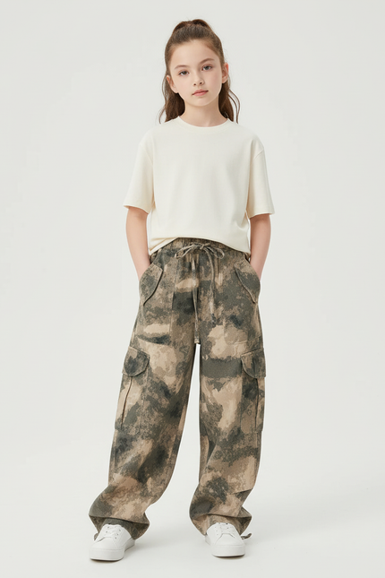 Pantalon Cargo Camouflage Ample Enfant Streetwear Multipoches - Kaki Toile