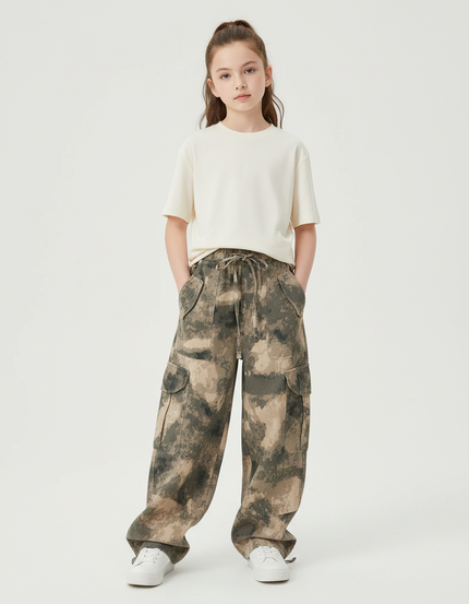 Pantalon Cargo Camouflage Ample Enfant Streetwear Multipoches - Kaki Toile