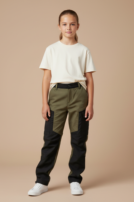 Pantalon Cargo Bicolore Vert Militaire Noir Enfant - Kaki Gabardine