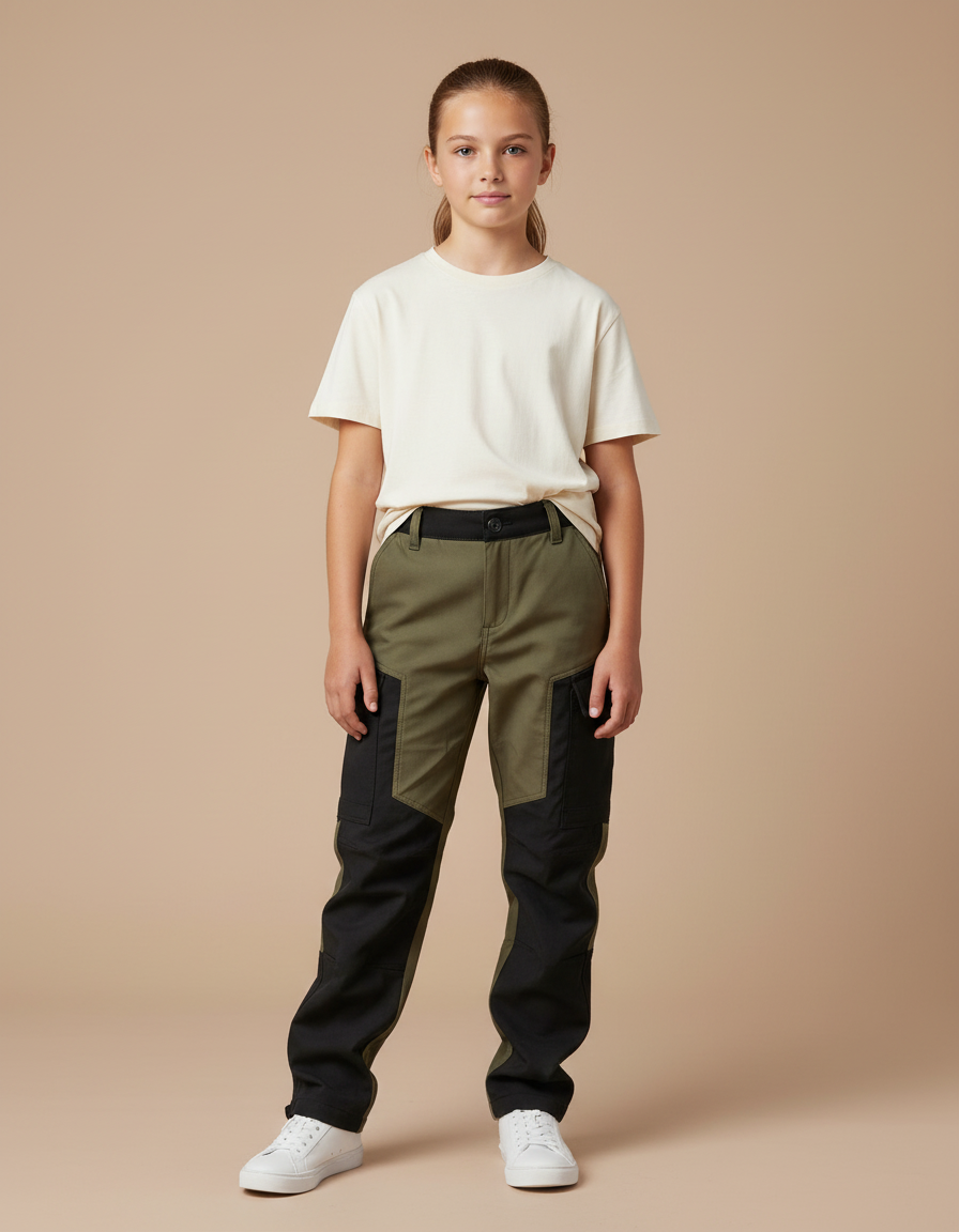 Pantalon Cargo Bicolore Vert Militaire Noir Enfant - Kaki Gabardine