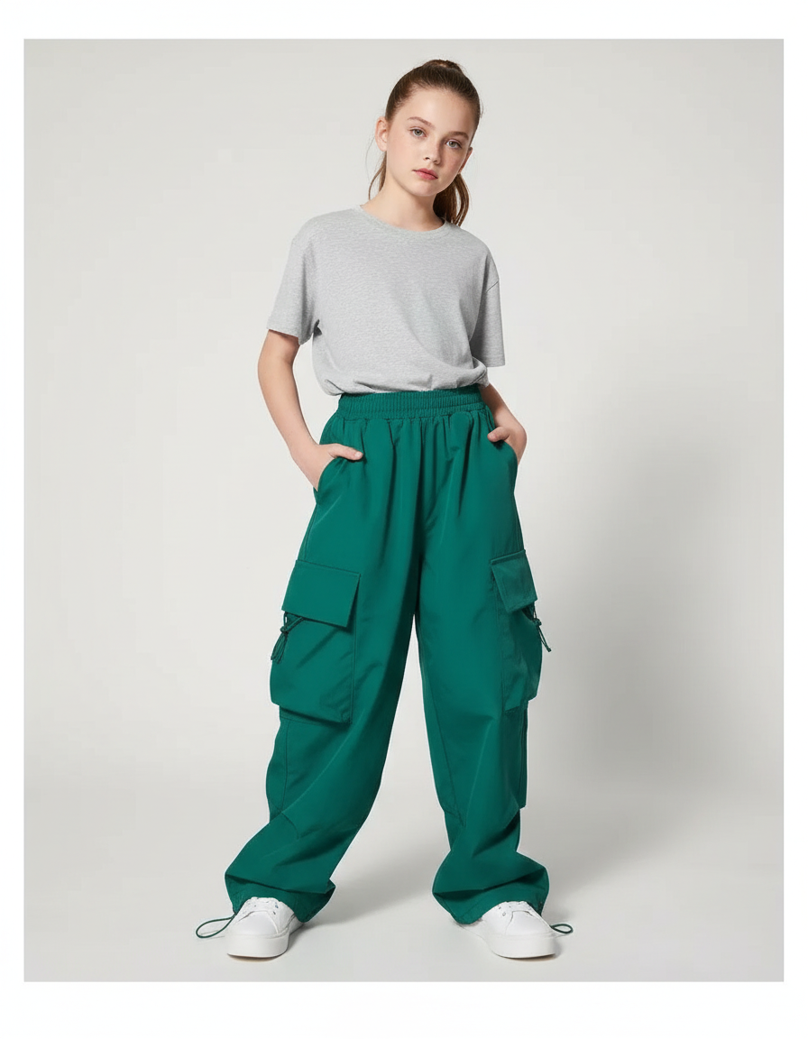 Pantalon Cargo Vert Ample Léger Enfant Décontracté - Polyester