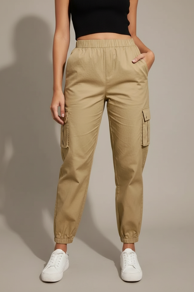 Pantalon Cargo Beige Ample Femme Élastique - Coton